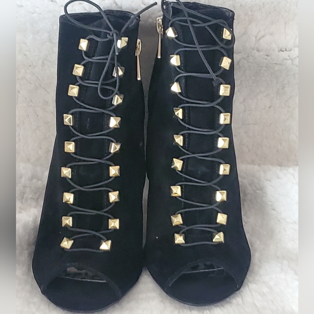 Lace Up Peep Toe Bootie with Gold